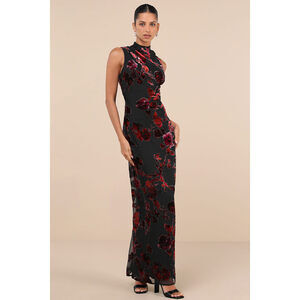 Lulus Composed Glamour Red And Black Burnout Velvet Maxi Dress - Size S